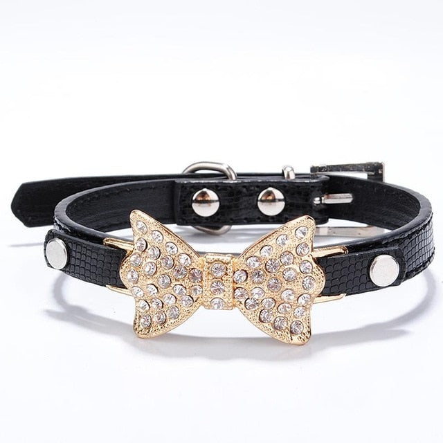 Rhinestone Dog Collars Small Dogs Bling Crystal Bow PU Leather Pet Collar Puppy Cats Necklace Dog Harness Leash Dog Accessories