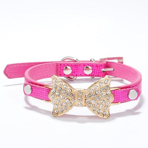 Rhinestone Dog Collars Small Dogs Bling Crystal Bow PU Leather Pet Collar Puppy Cats Necklace Dog Harness Leash Dog Accessories