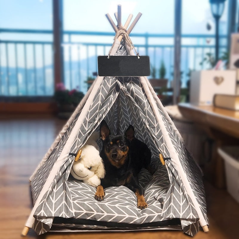 Pet Teepee Dog & Cat Bed White Canvas Dog Cute House - Portable Washable Dog Tents for Dog(Puppy) & Cat Pet (with Cushion)