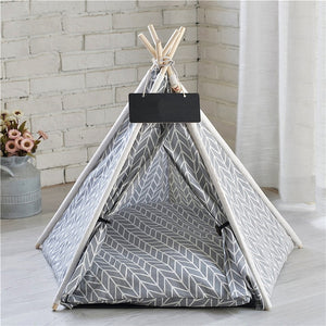 Pet Teepee Dog & Cat Bed White Canvas Dog Cute House - Portable Washable Dog Tents for Dog(Puppy) & Cat Pet (with Cushion)