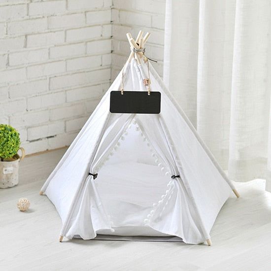 Pet Teepee Dog & Cat Bed White Canvas Dog Cute House - Portable Washable Dog Tents for Dog(Puppy) & Cat Pet (with Cushion)