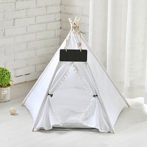 Pet Teepee Dog & Cat Bed White Canvas Dog Cute House - Portable Washable Dog Tents for Dog(Puppy) & Cat Pet (with Cushion)